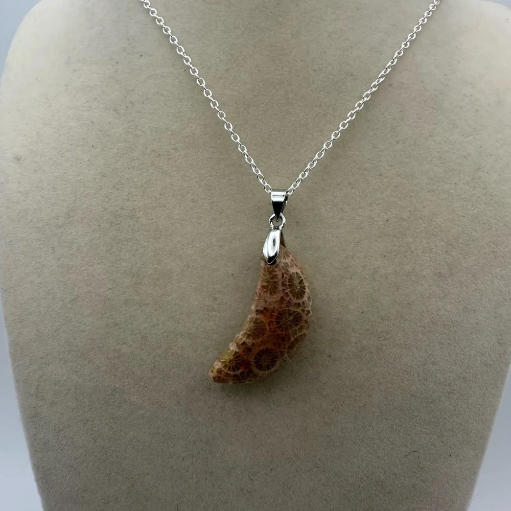 Coral Fossil Agate Crescent Moon Pendant on Silver Chain